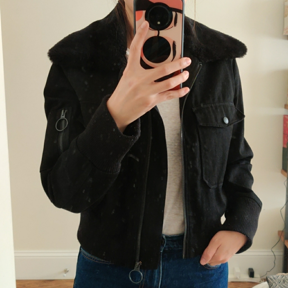 All Saints Collar Bomber Jacket Black Inner Fleece